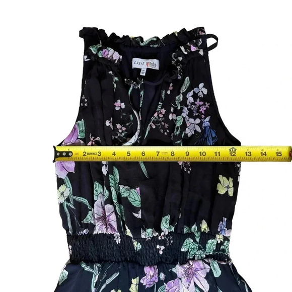 Great Jones Navy Floral Neck Tie Dress Midi Sleeveless Floral Side Pockets Sz XS - Picture 7 of 16